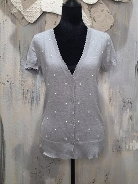 Elle Gray Pearl-like-Studded Short-Sleeve Knit Cardigan Size Small